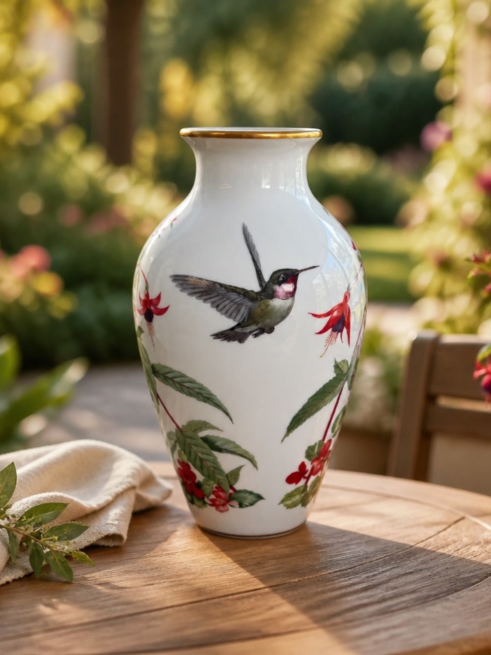 Franklin Porcelain Limited Edition “The Garden Bird Vase” With 24K Gold Trim